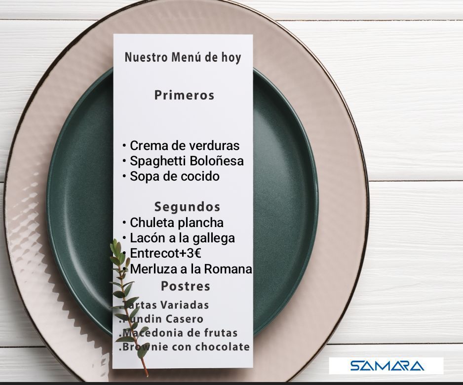 Menú del día en plato con “Crema de verduras”, “Espaguetis a la Boloñesa” y otros platos.