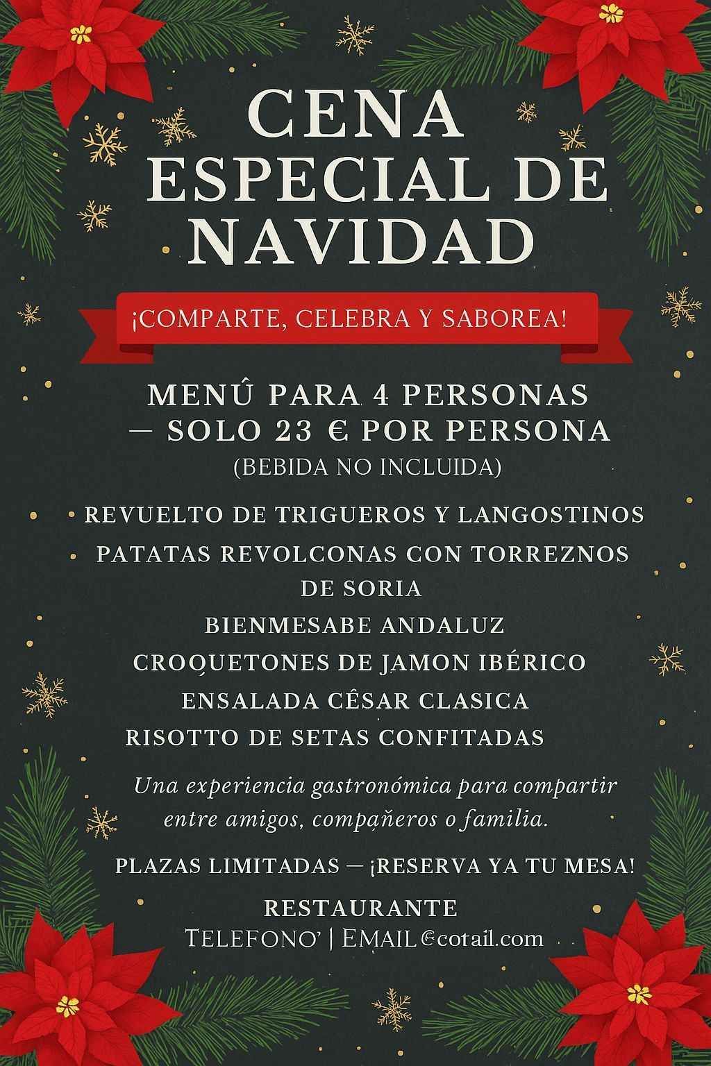 Menú de cena navideña con texto sobre fondo verde con flores rojas y copos de nieve.