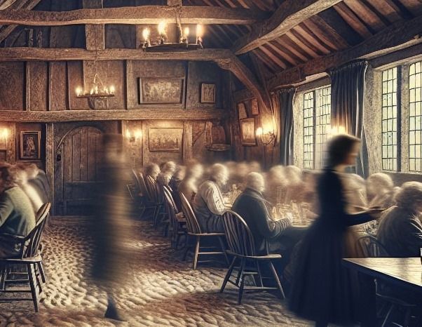 Comedor con figuras borrosas sentadas en largas mesas, paneles de madera envejecida y ventanas iluminadas.