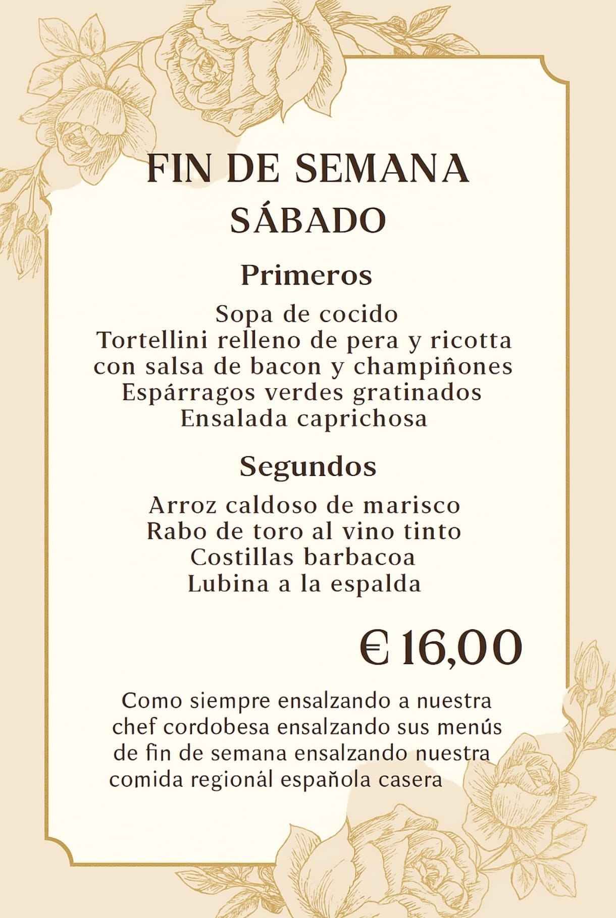 Menú para sábado con opciones de entrantes y platos principales, precio 16€.