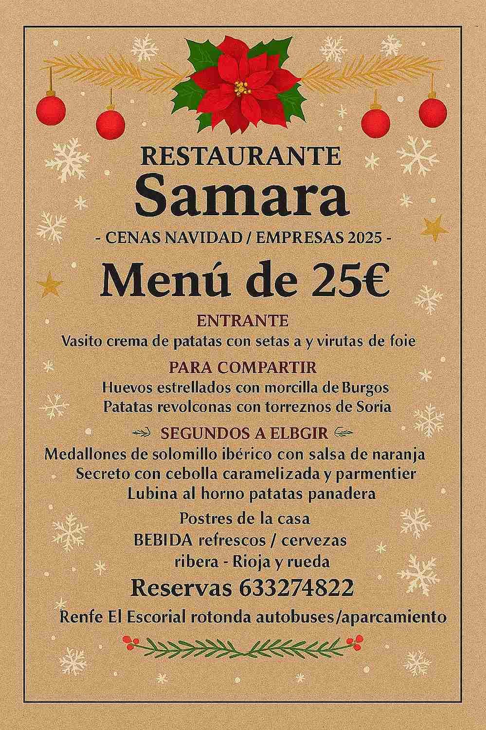 Menú navideño del Restaurante Samara, 25 €, con entrantes, platos principales y postres. Incluye información de contacto.