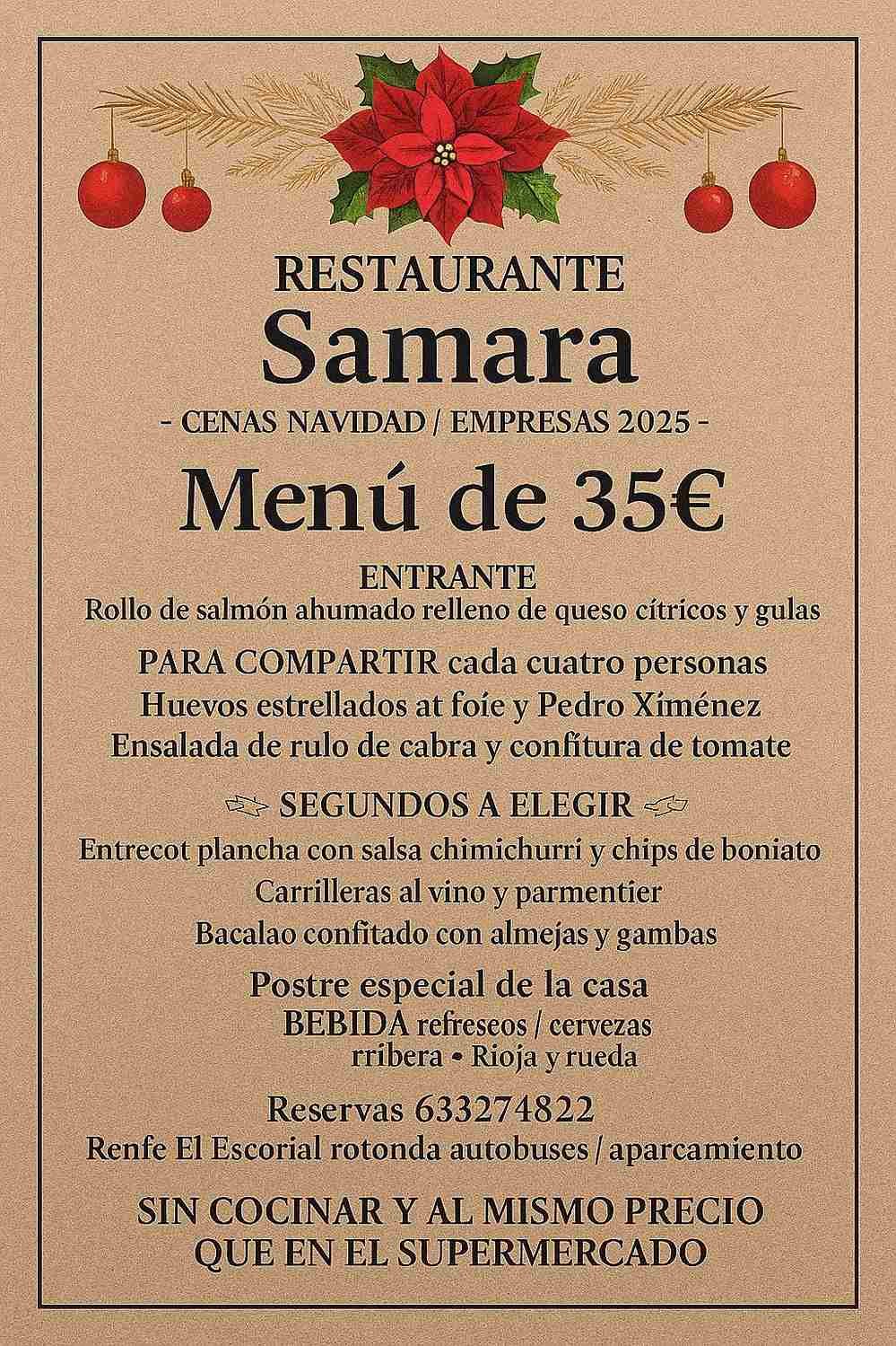 Menú de Navidad del Restaurante Samara: platos para compartir y elegir; precios en euros, información de contacto.