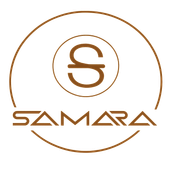 Logotipo azul con el texto "SAMARA" debajo de un emblema circular que contiene una "S" estilizada dentro de un círculo más pequeño.