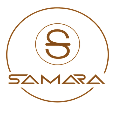 Logotipo azul con el texto "SAMARA" debajo de un emblema circular que contiene una "S" estilizada dentro de un círculo más pequeño.