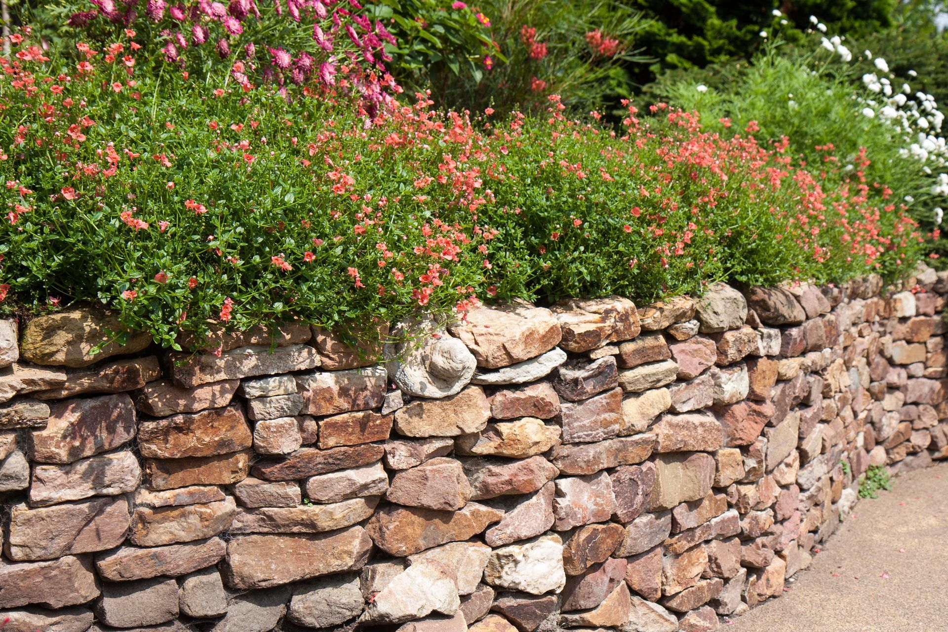 Natursteinmauer mit Pflanzenbeet