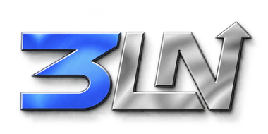 Logotipo de 3LW en azul met&aacute;lico y plateado, con una flecha ascendente en la W