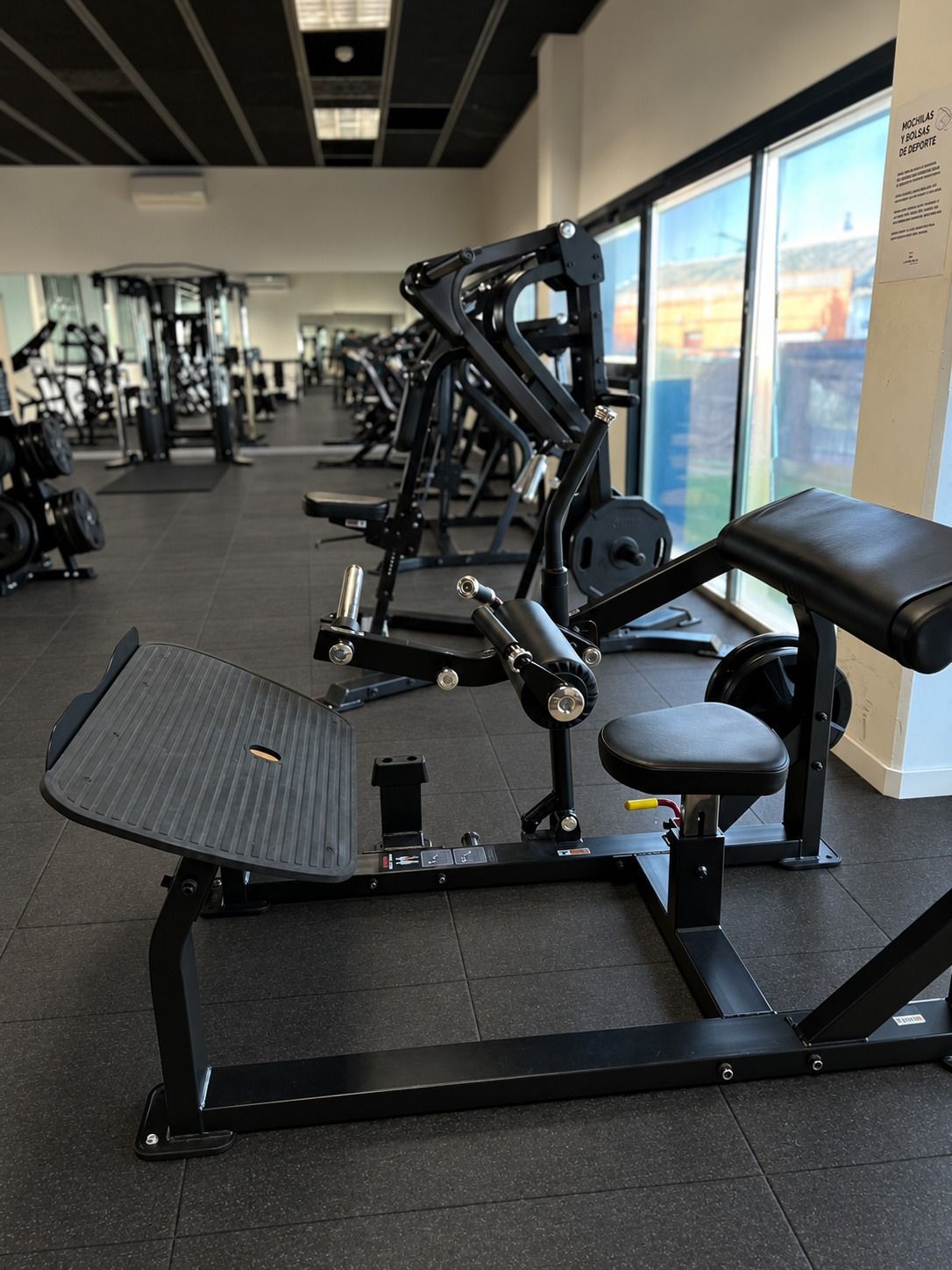Máquinas de entrenamiento en un gimnasio moderno con grandes ventanales