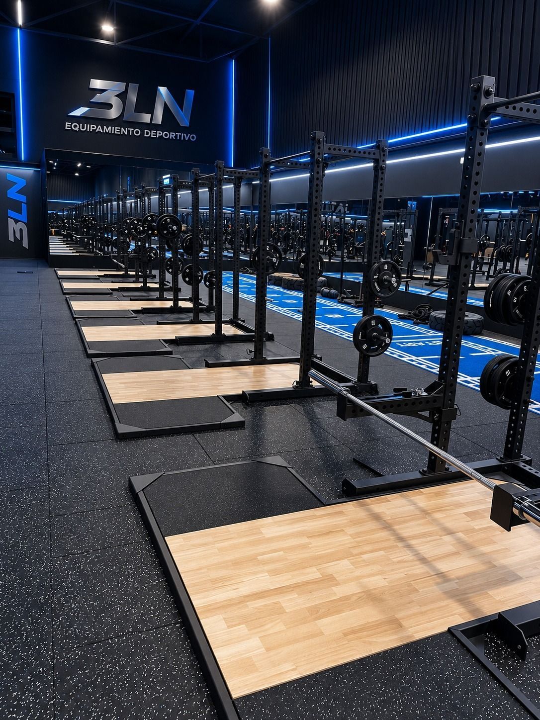 Filas de plataformas de halterofilia y soportes en un gimnasio azul oscuro, con la marca BLV en la pared