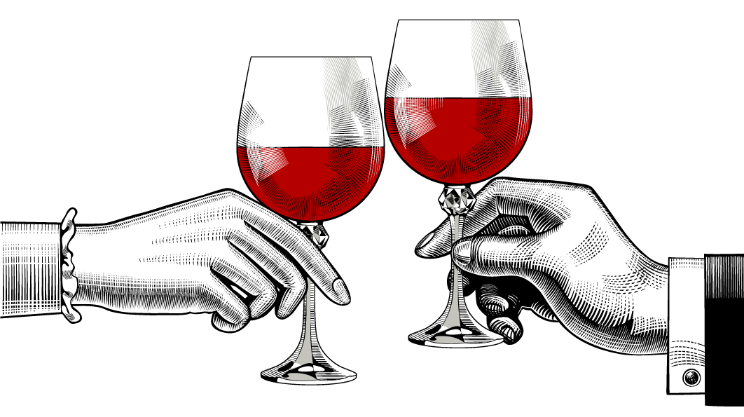 Illustration d'un couple qui trinque avec des verres de vin