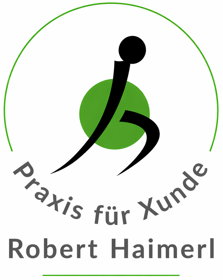 Logo für Praxis für Xunde Robert Haiml mit grünem Kreis und stilisierter schwarzer Figur