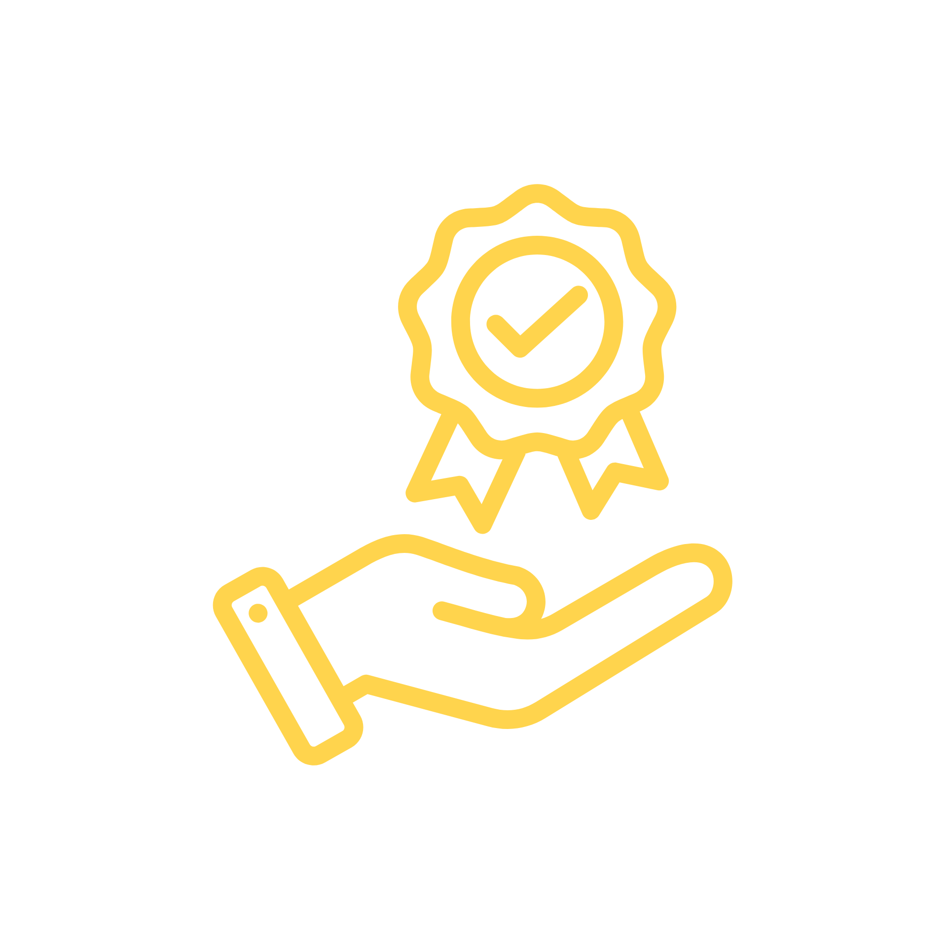Una mano sostiene una medalla con una marca de verificación.