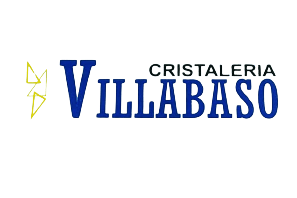 Un logotipo azul y amarillo para Cristalería Villabaso.