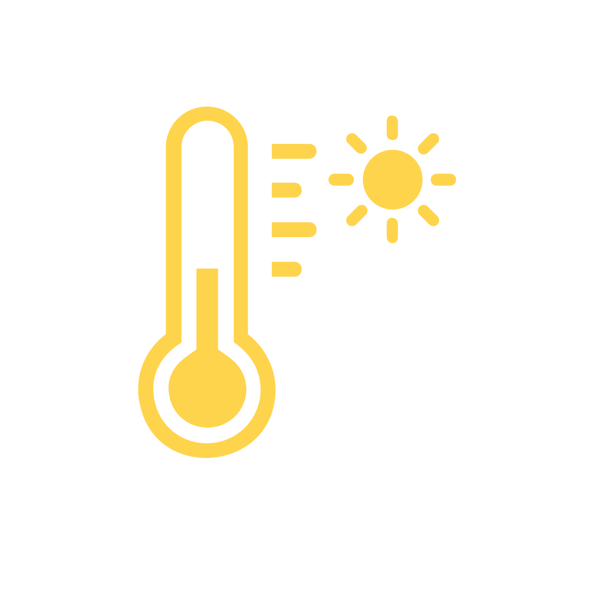 Un termómetro amarillo con un sol detrás sobre un fondo blanco.