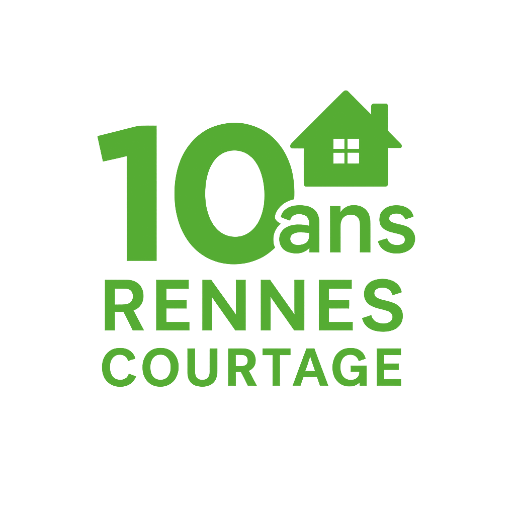 Logo vert : « 10 ans Rennes Courtage » avec une icône de maison.