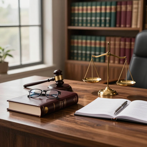 Escritorio de bufete de abogados con mazo, balanza, gafas, cuaderno abierto y libros cerca de una ventana.