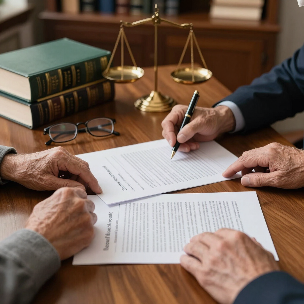 Manos firmando documentos legales en un escritorio con libros de leyes y balanzas de la justicia.