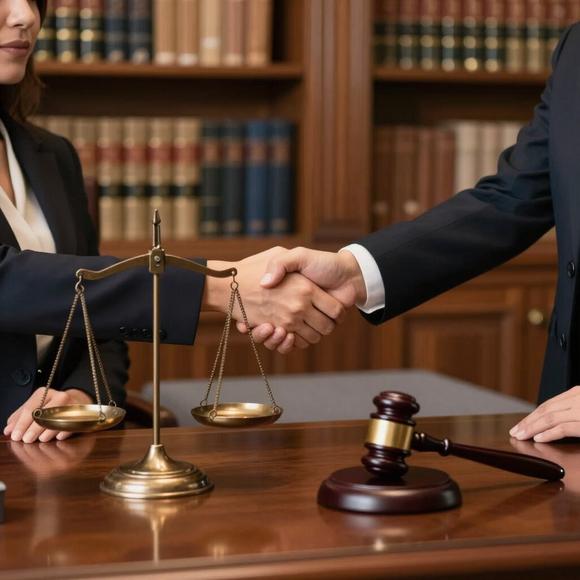 Un apretón de manos sobre el escritorio de un bufete de abogados con una balanza de la justicia y un mazo sobre la mesa.