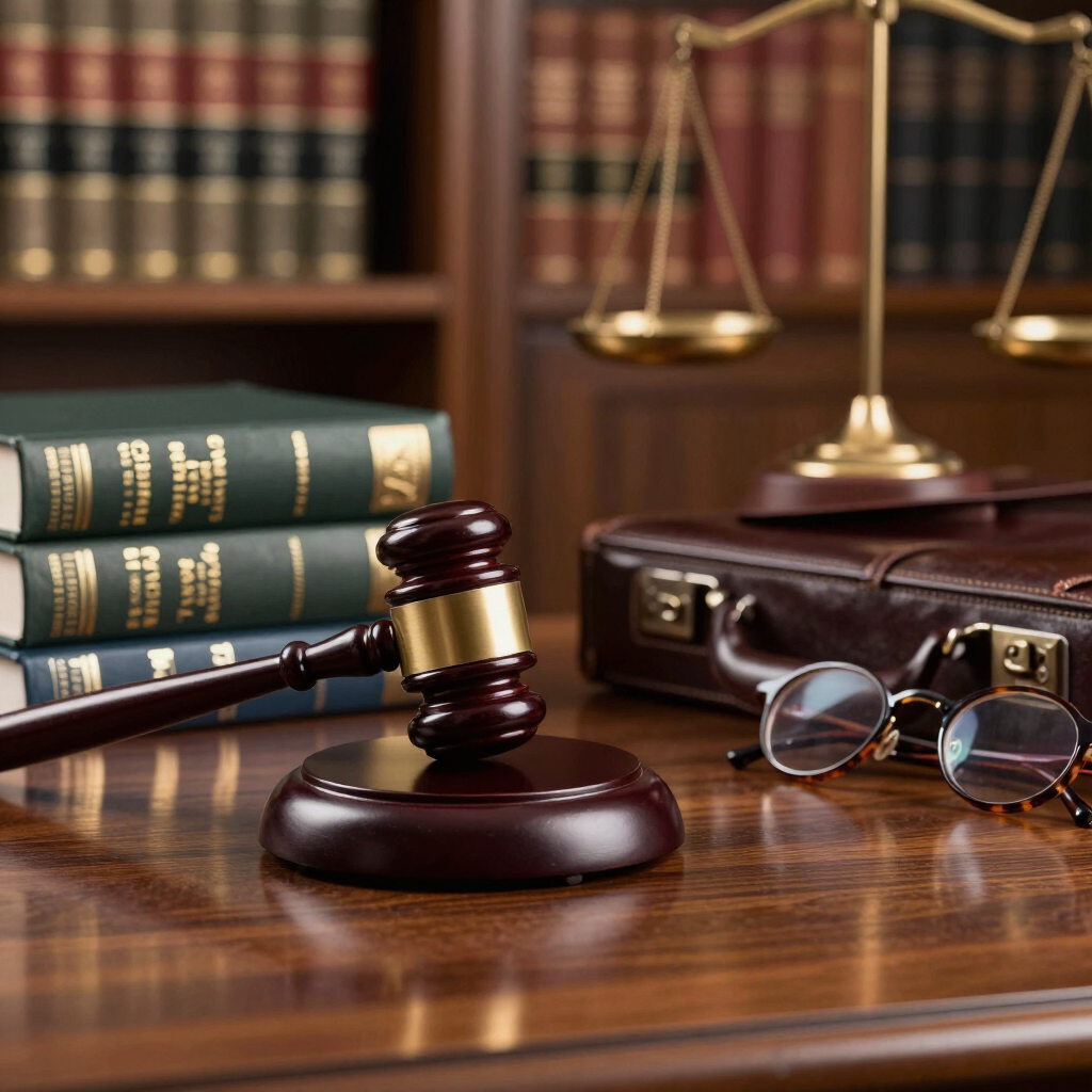 Libros de leyes, mazo, balanza y anteojos sobre un escritorio de madera en una oficina judicial.