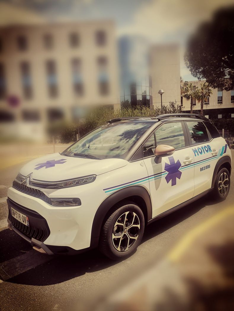 Un SUV blanc orné de stickers floraux violets est stationné dans une rue près de bâtiments et d'arbres.