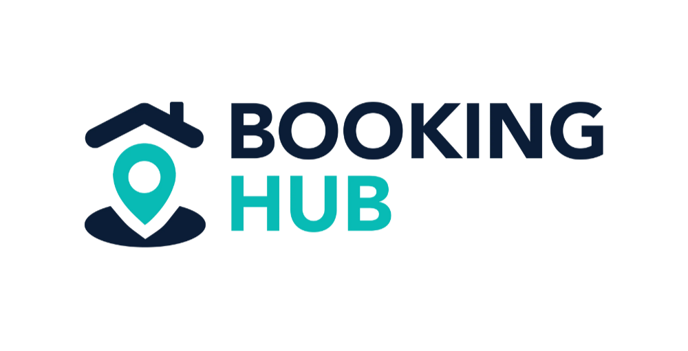 Logo for Booking Hub: House icon with a location pin, text 