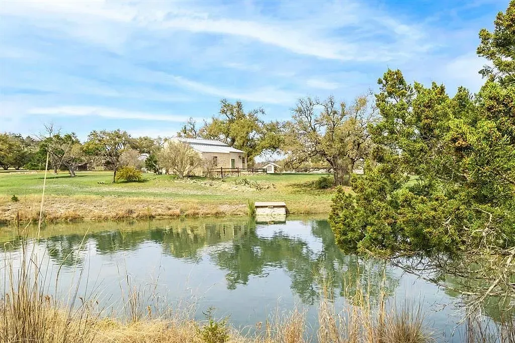 A small pond surrounded by tall grass and trees with a house in the background.