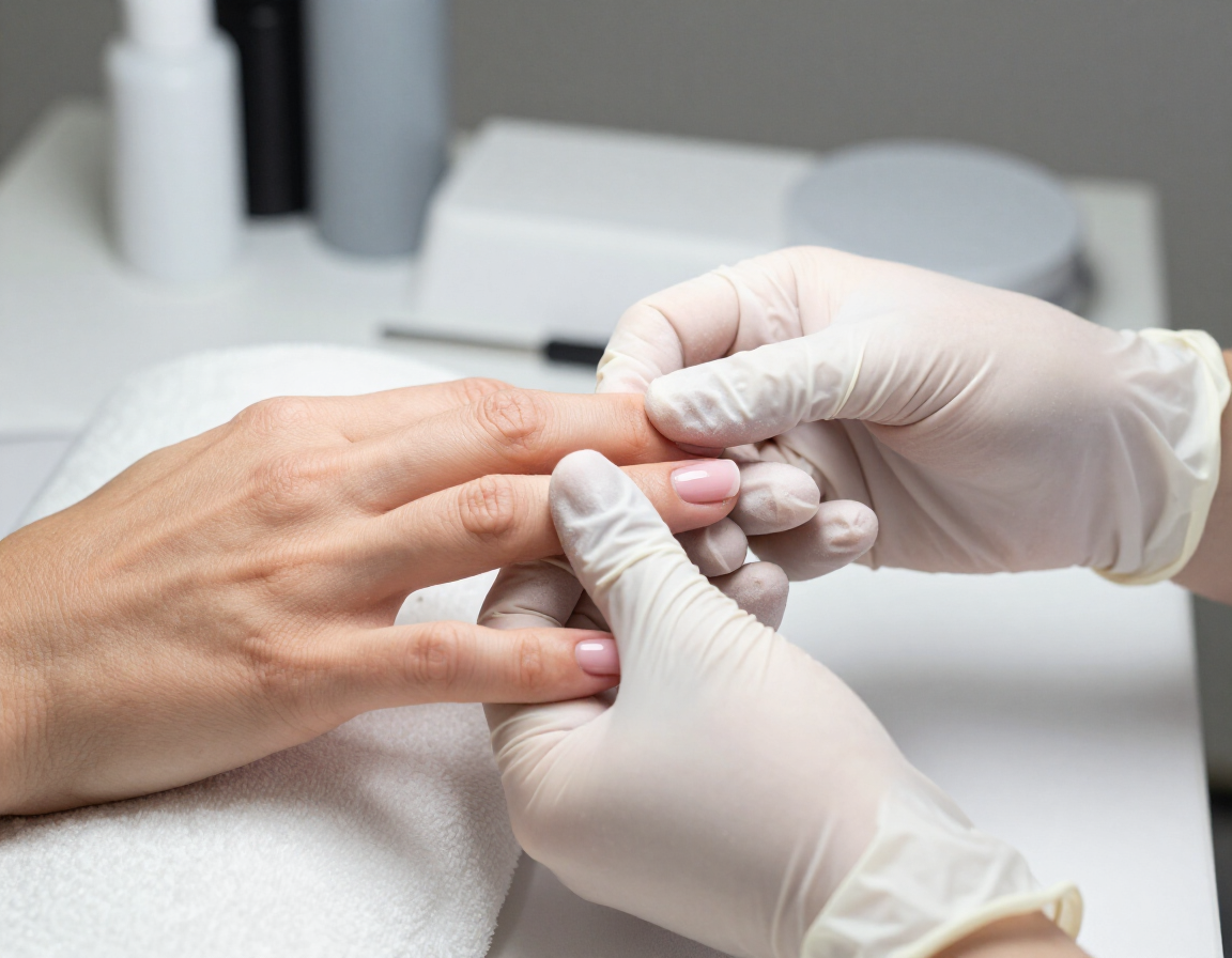 Manos enguantadas realizando una manicura a una clienta en un entorno similar al de un salón de belleza.