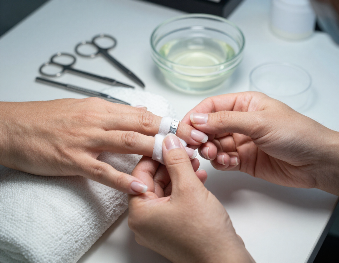 Manos aplicando una venda blanca en un dedo sobre una mesa con instrumental médico cerca.