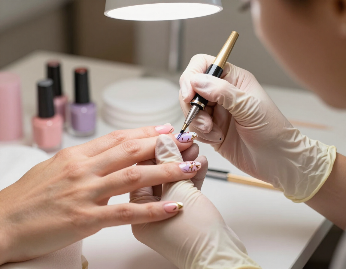 Técnica de uñas con guantes pintando las uñas de una clienta con un pincel en una mesa de salón.