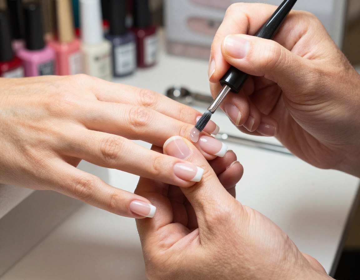 Manos bien cuidadas recibiendo una aplicación de esmalte de uñas en un salón de belleza.