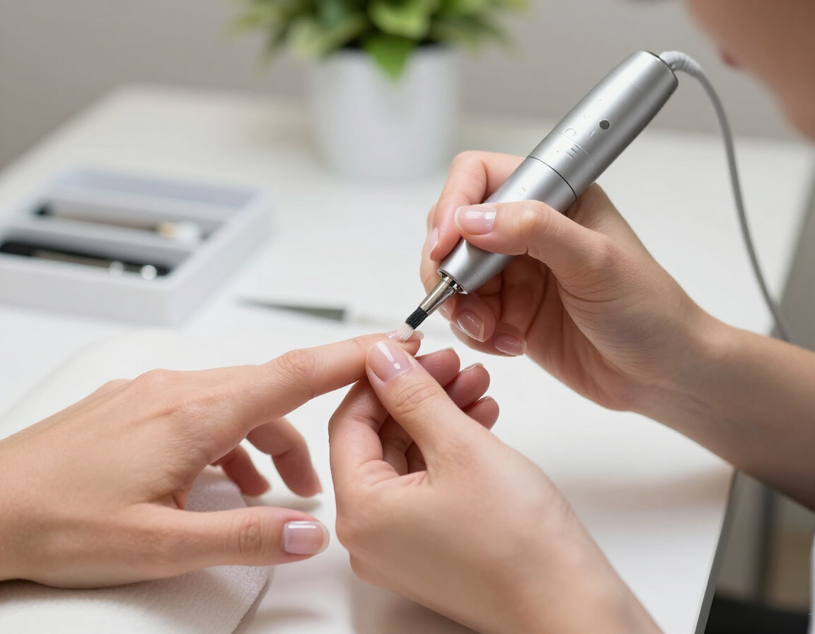 Limado manual de uñas con un taladro eléctrico en un puesto de manicura.