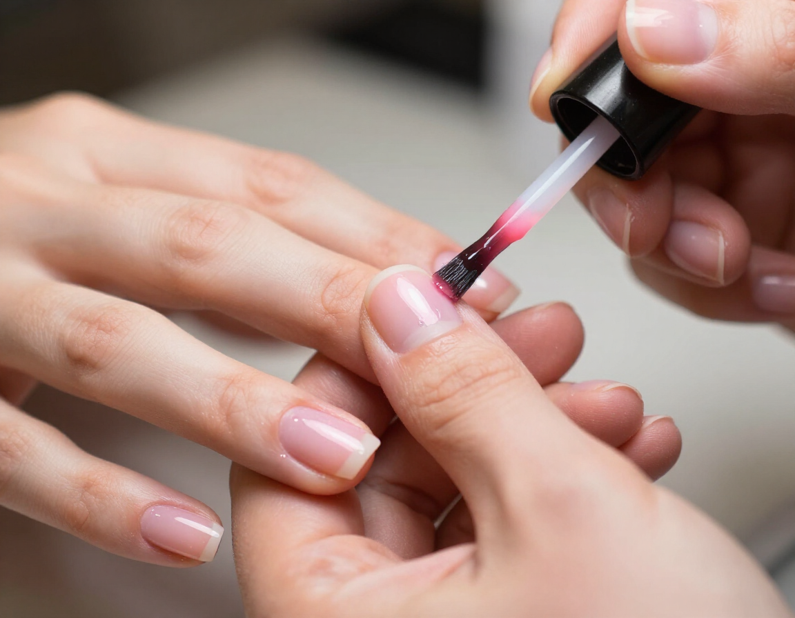 Primer plano de una persona aplicando esmalte de uñas rosa en las uñas de otra persona.
