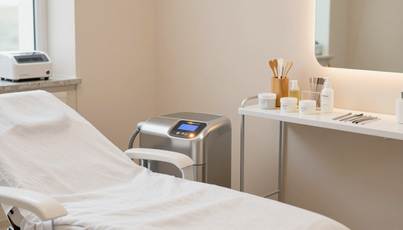 Sala de tratamientos de spa luminosa con camilla de masaje, toallas y un pequeño carrito con suministros.