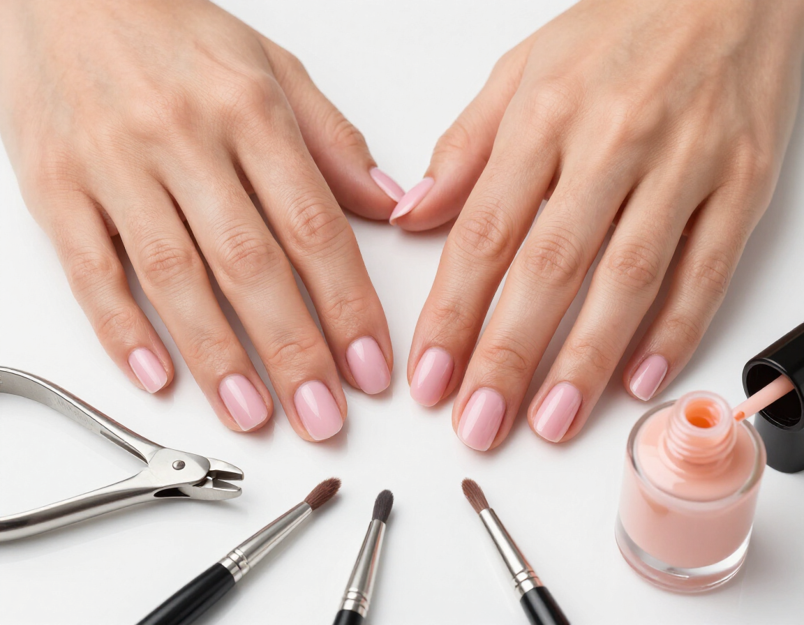 Manos con manicura rosa pálido junto a herramientas para uñas y esmalte sobre una superficie blanca.
