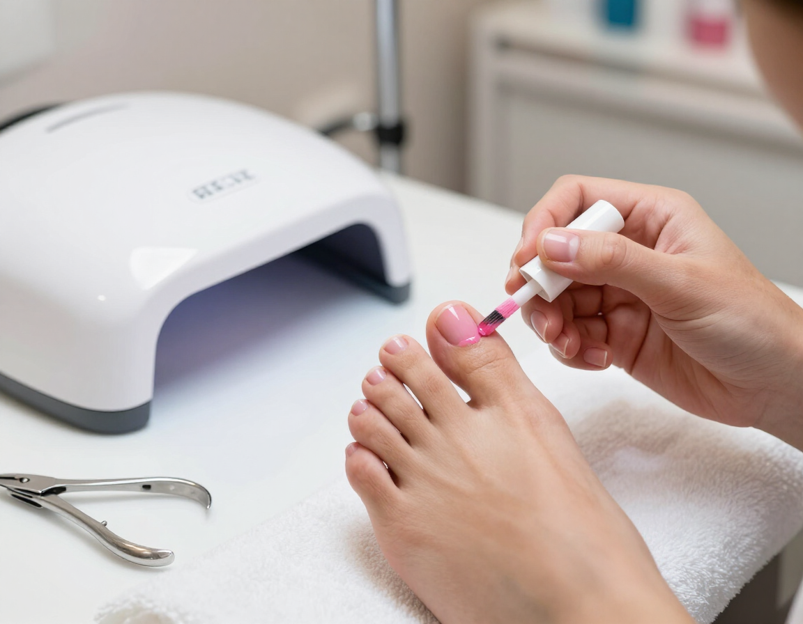 Uñas de los pies bien cuidadas pintadas de rosa bajo una lámpara UV blanca.