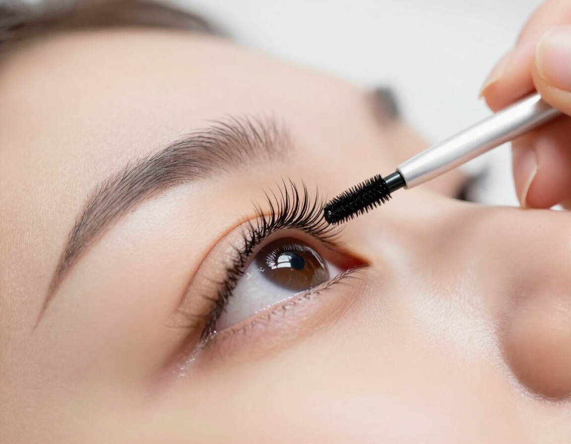 Primer plano de un ojo al que se le está aplicando rímel, resaltando las largas pestañas y la ceja.