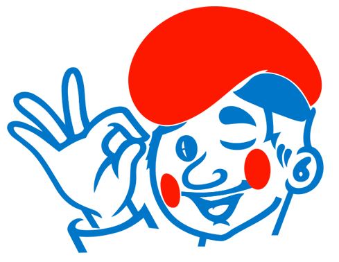 Niño de dibujos animados con contorno azul guiñando un ojo y haciendo la señal de 