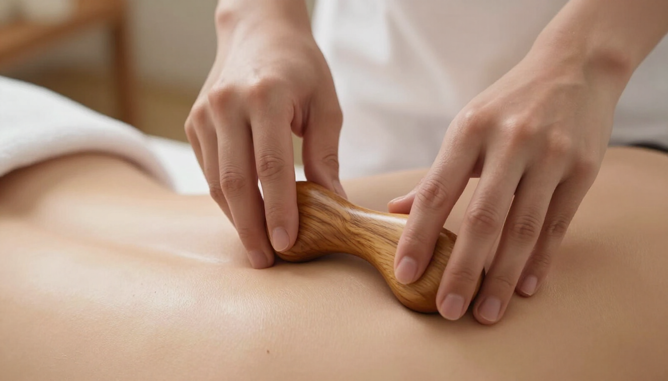 Manos masajeando la espalda de un cliente con una herramienta de masaje de madera en un entorno de spa.
