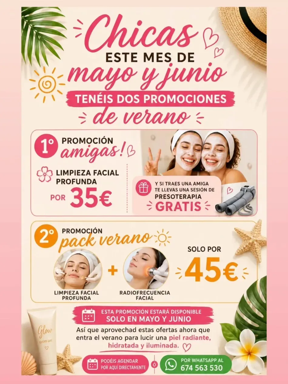 Promoción de verano en rosa y blanco para chicas: limpiezas faciales y recogidos desde 35€ y 45€