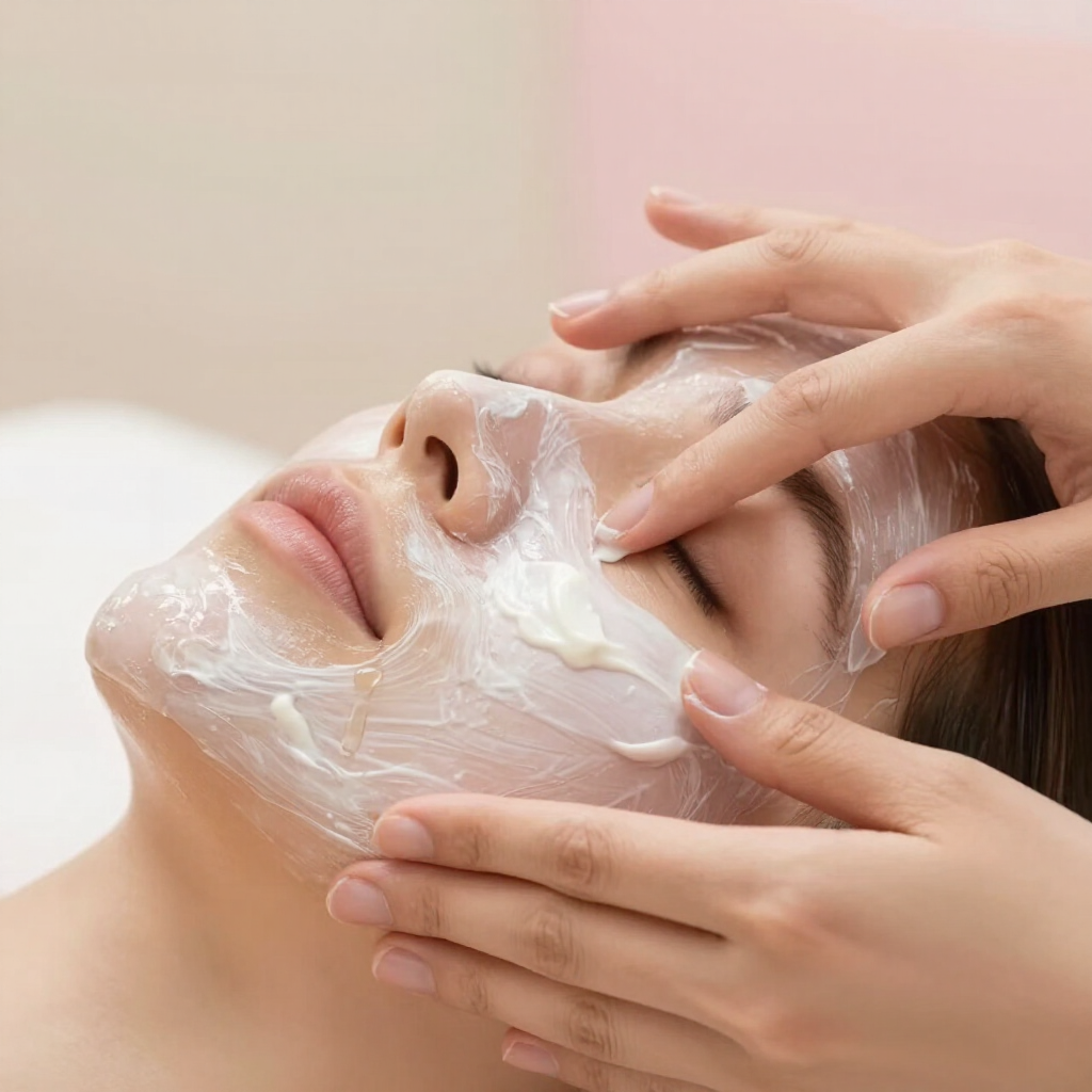 Manos aplicando crema facial blanca en el rostro de una persona en un entorno de spa.