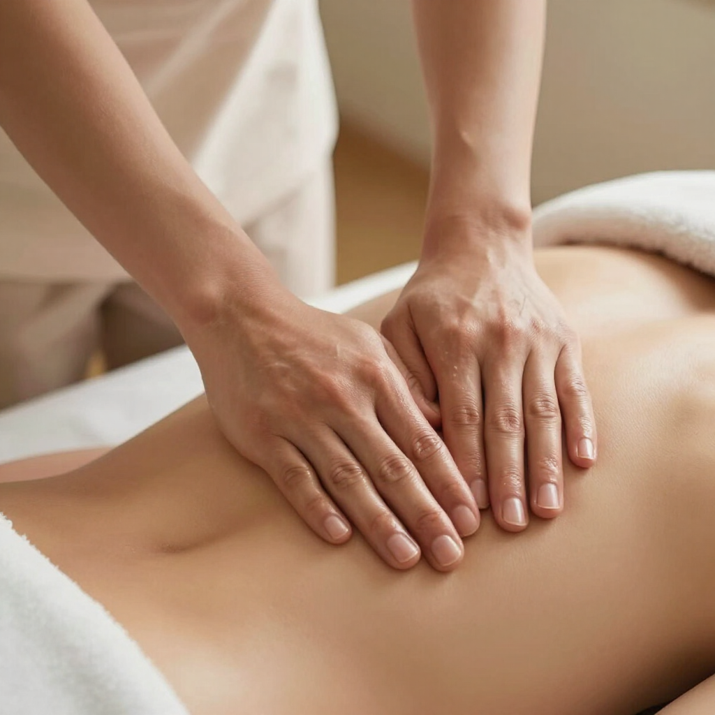 Manos realizando un masaje en la espalda desnuda de una persona en una camilla de spa.