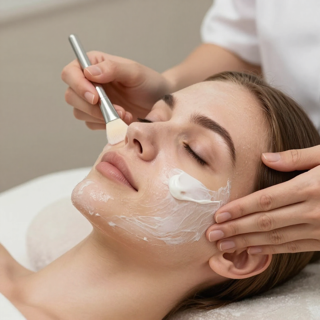Tratamiento facial de spa con crema aplicada con brocha sobre el rostro de una mujer mientras yace relajada con los ojos cerrados.