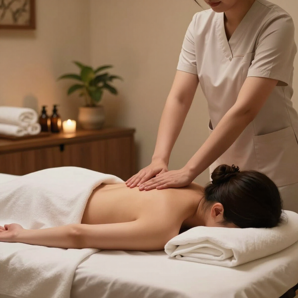 Masajista dando un masaje de espalda en una tranquila sala de spa con velas y una planta.