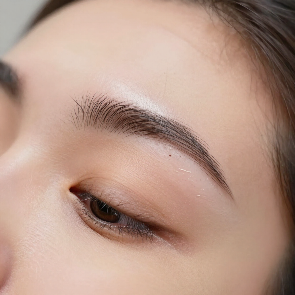 Primer plano de un ojo cerrado con cejas naturales y maquillaje sutil sobre piel clara.