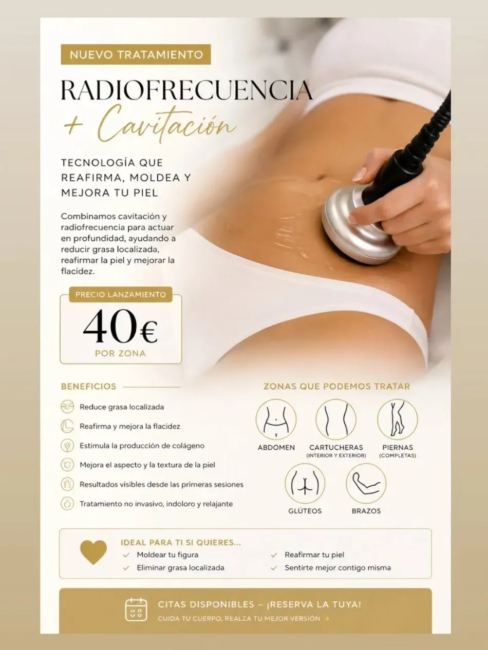 Cartel promocional para tratamientos corporales de radiofrecuencia y cavitación, que muestra una mano sosteniendo un dispositivo sobre la piel, con detalles dorados.