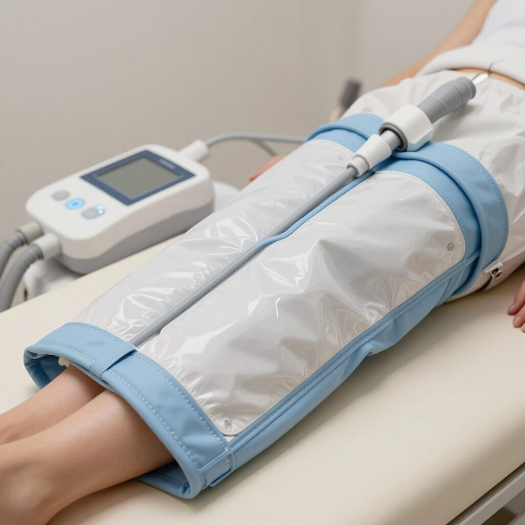 Piernas con mangas de compresión azules conectadas a un dispositivo de terapia neumática sobre una mesa de tratamiento.