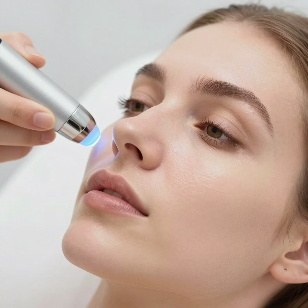 Mujer recibiendo un tratamiento facial con un dispositivo portátil luminoso cerca de su nariz.