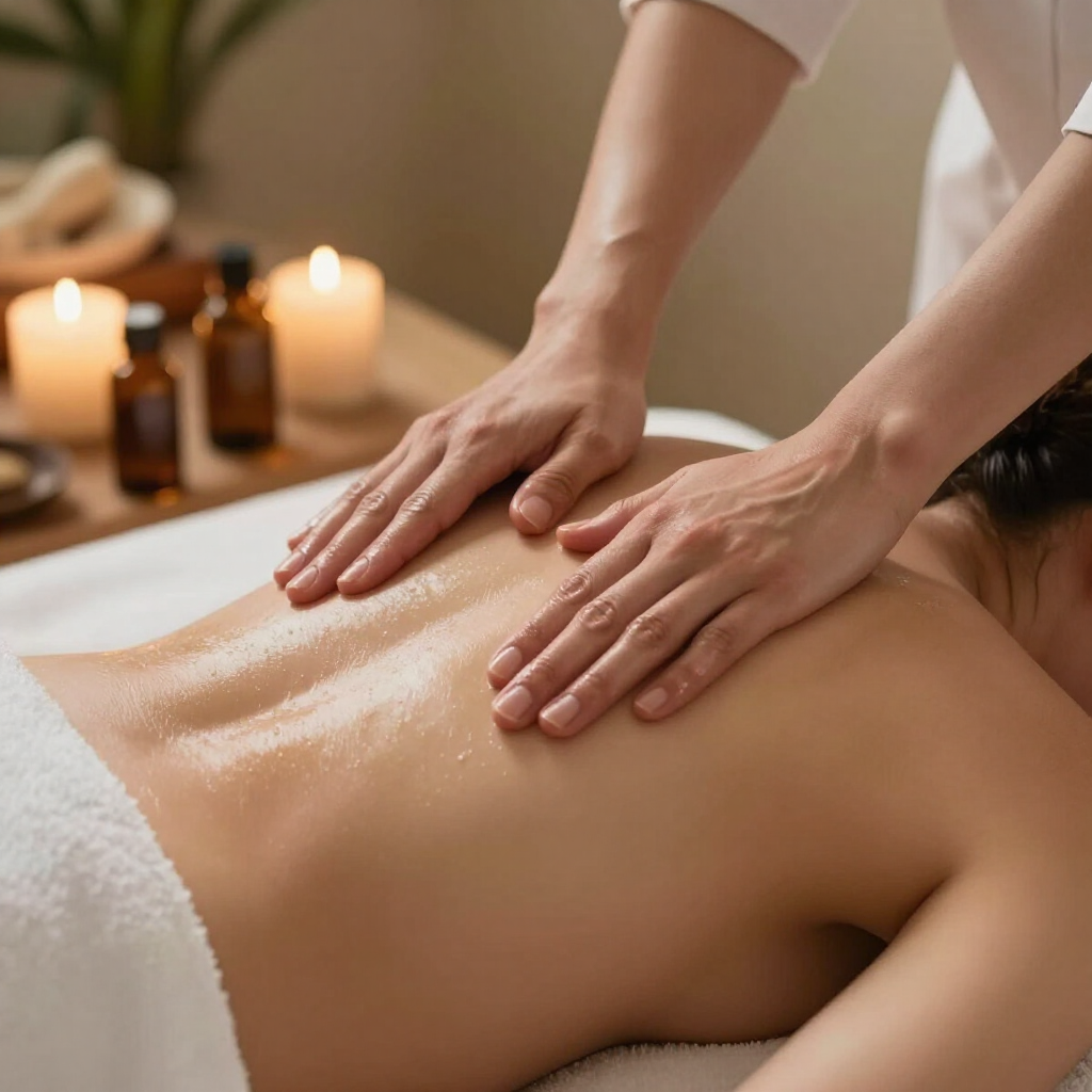 Masaje de spa con las manos sobre la espalda, iluminado con velas y con toallas calientes.