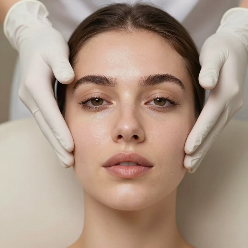 Unas manos enguantadas enmarcan delicadamente el rostro de una mujer en un primer plano de un tratamiento de belleza.