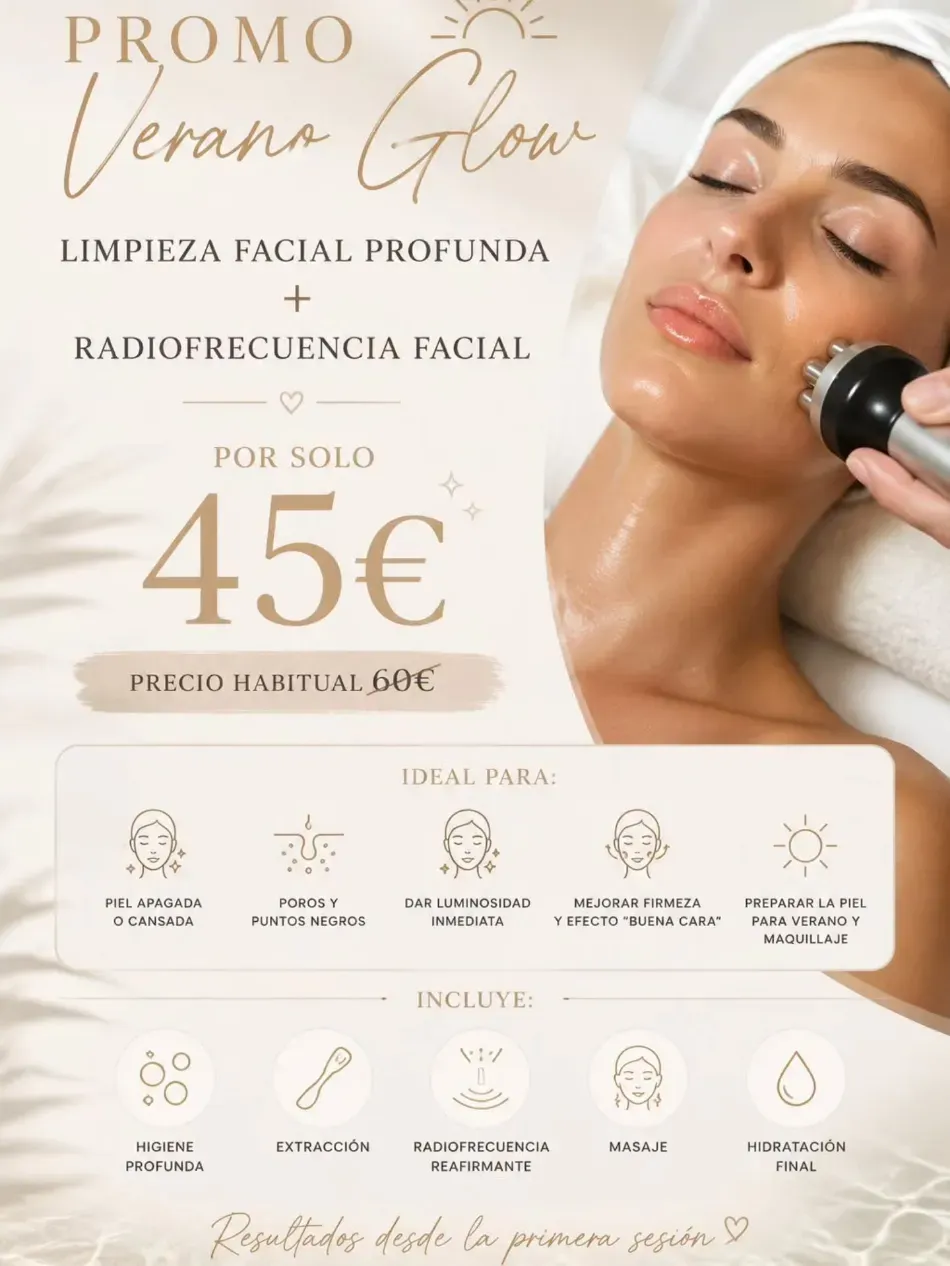 Promo facial beige con mujer recibiendo tratamiento y texto de limpieza profunda y radiofrecuencia por 45€