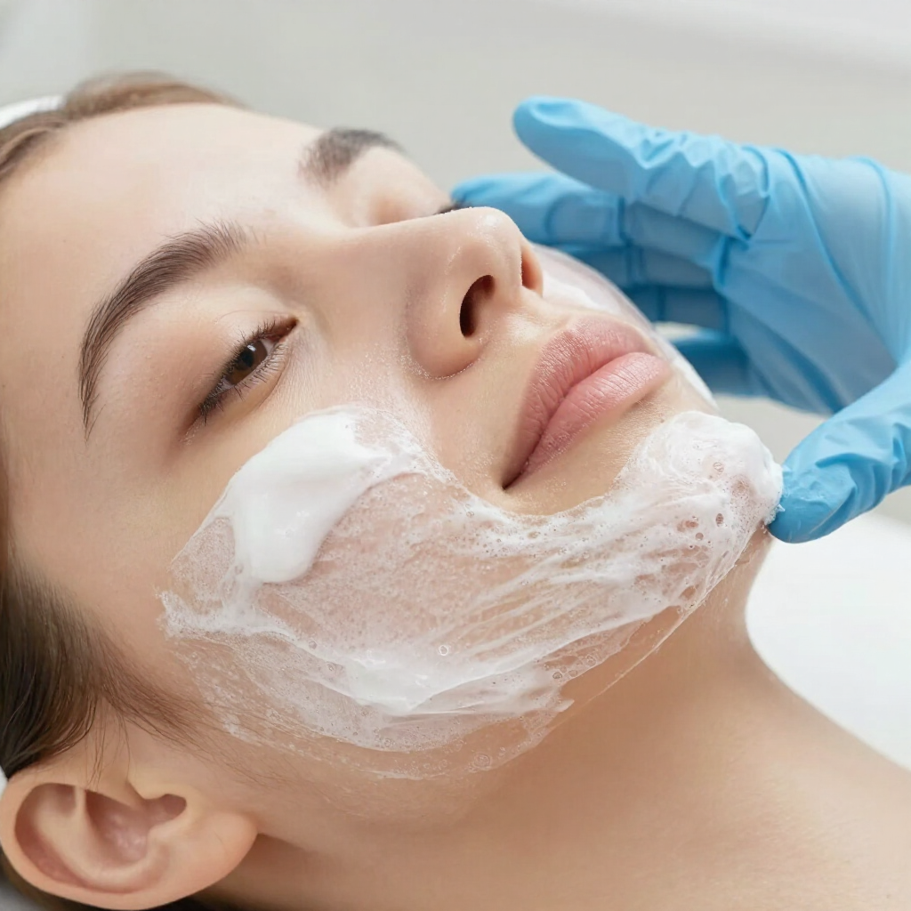 Una persona recibe un tratamiento facial con espuma blanca mientras una mano enguantada le aplica un producto para el cuidado de la piel.